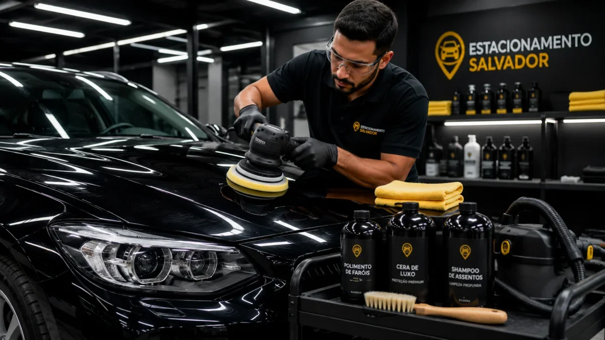 Profissional realizando serviços de estética automotiva em veículo preto com polimento e acabamento premium para valorização na revenda.